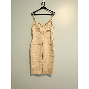 Mandalay 8 Dress Fringe Studded Gems Designer Bodycon Midi Cream NWT VTG Flapper